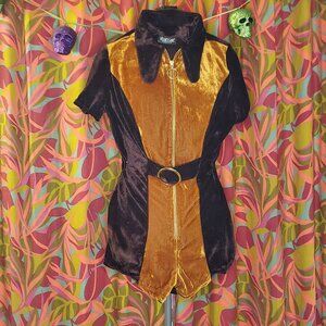 Velvet Cave Solaris Two Tone Velvet Buckle Zip Collar Playsuit in Cocoa